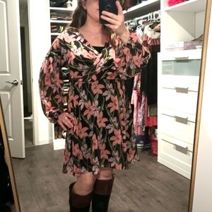 Anthropologie black floral trellis neck sheer balloon sleeve dress sz small